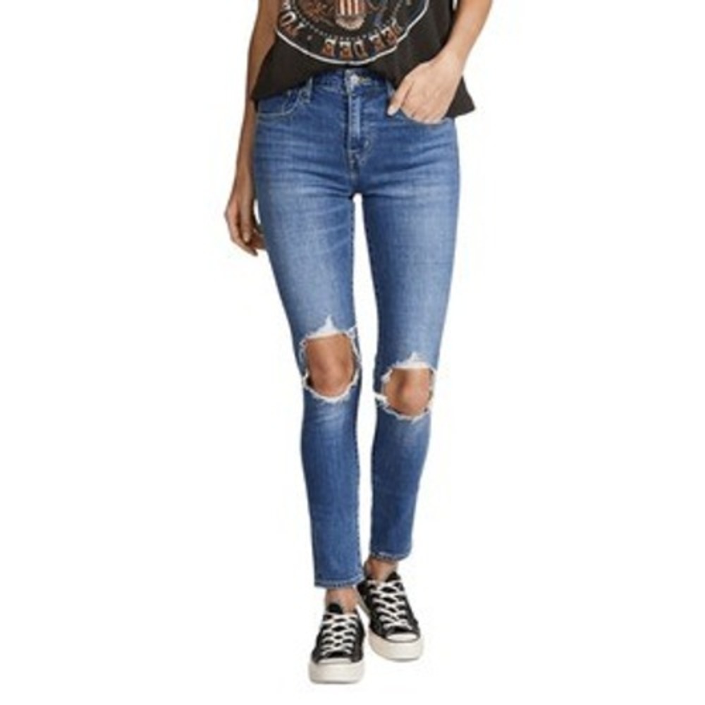 J1 Levis 721 High Rise Skinny Jeans Distressed Knee Raw Hem Premium Denim 26‎